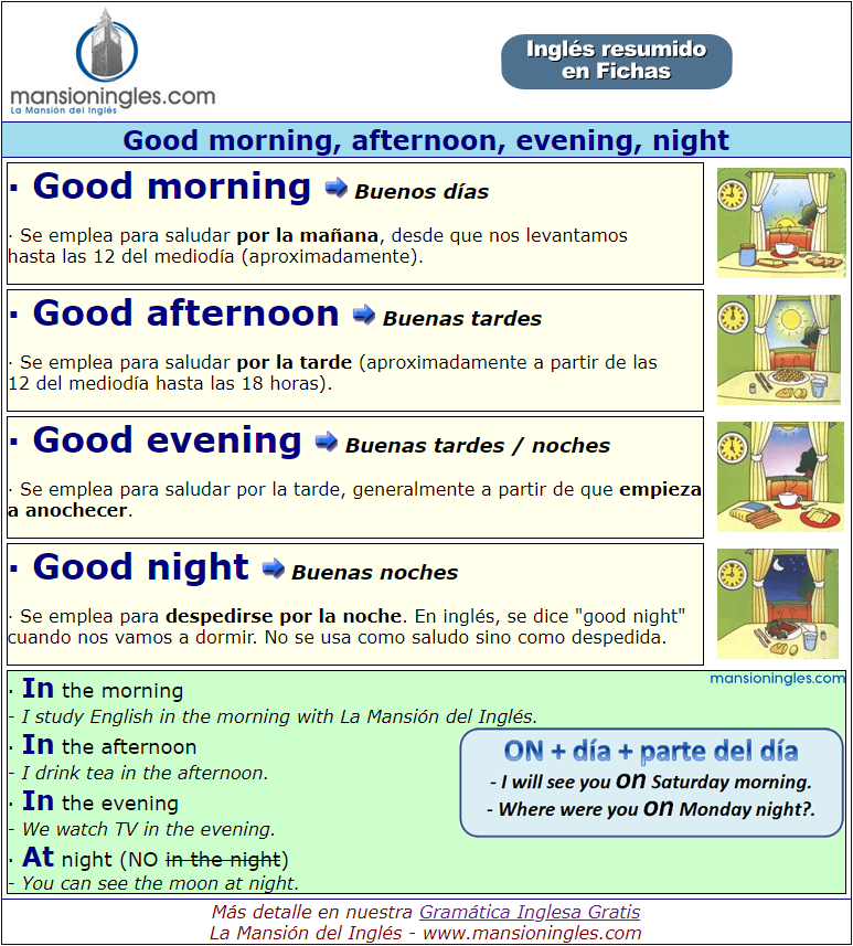 Good Morning Good Afternoon Good Evening Good Night En Ingles Ficha Resumen
