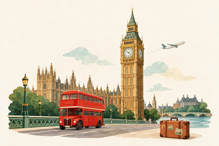 Big Ben completo, autob�s y maleta para viajar