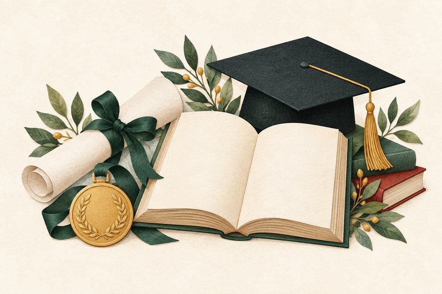Diploma, medalla y birrete de graduaci�n