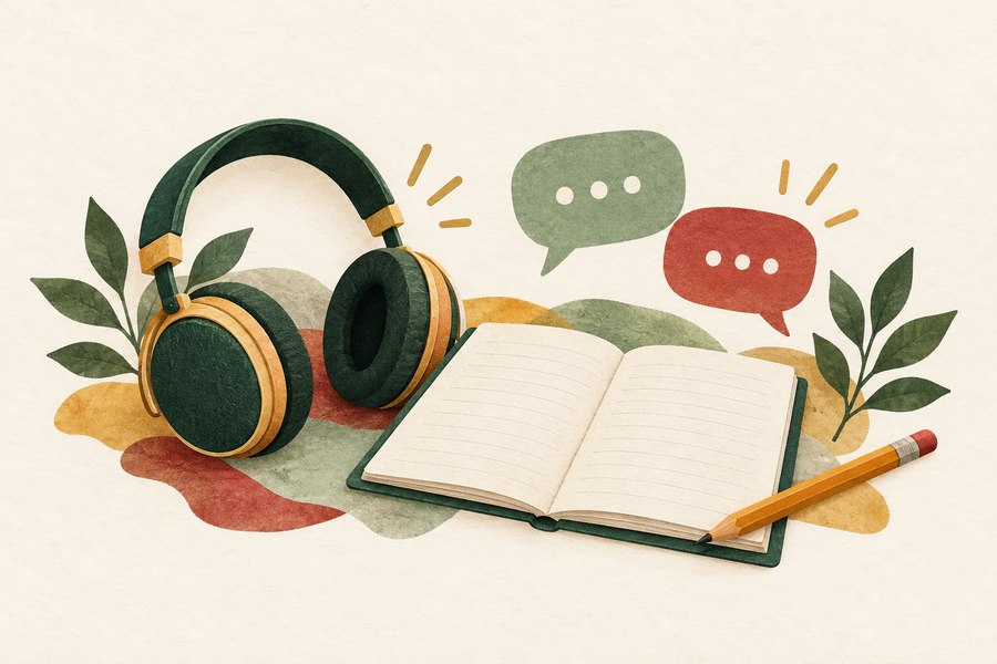 Auriculares y cuaderno para practicar ingl�s